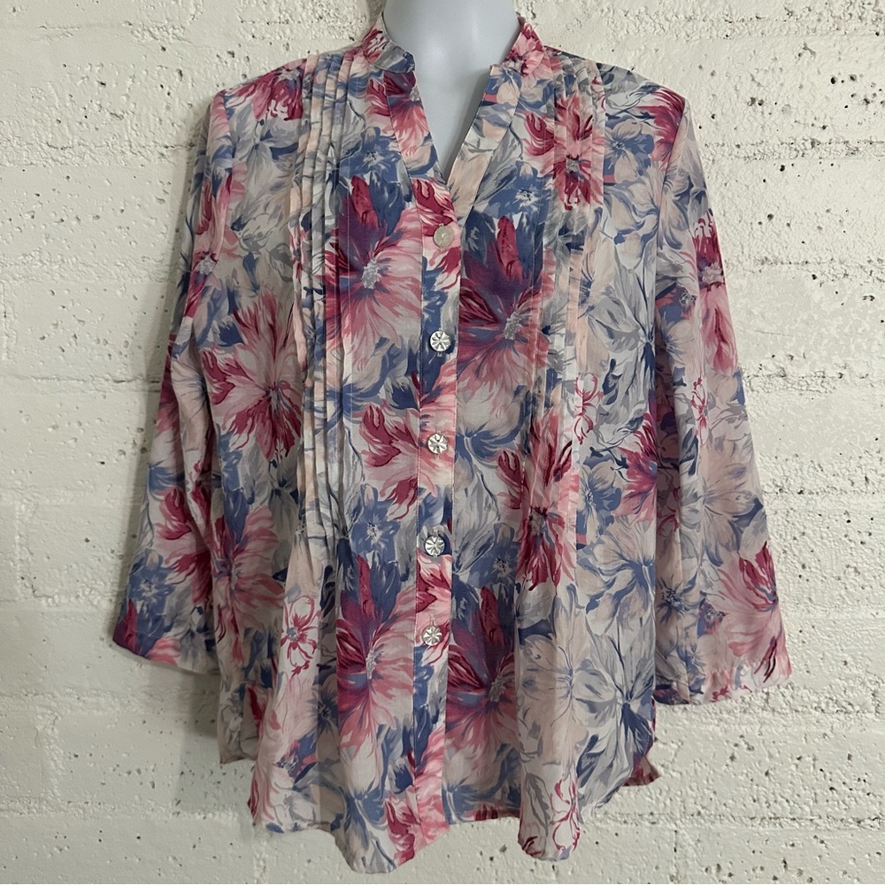 Drapers & Damons Womens Button Front Top M Pink Blue Floral Tab Sleeve BJ10